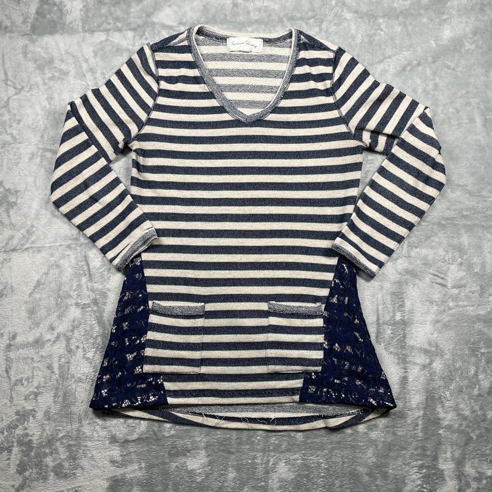 French Laundry Striped Lace Trim Tunic Top Womens V Neck Pockets Size M